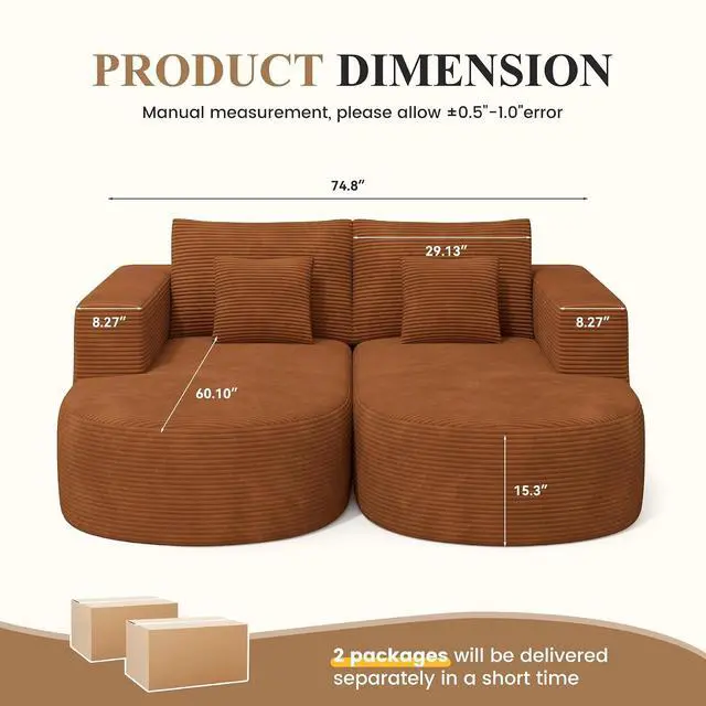Alt view image 2 of 7 - Modular Sectional Sofa Bed,Convertible Cloud Couches for Living Room,2 Chaise Corduroy Boneless Couch Sleeper Sofa Set,Oversized Chaise Lounge Chair for Bedroom,No Assembly Required,Brown 1PCS