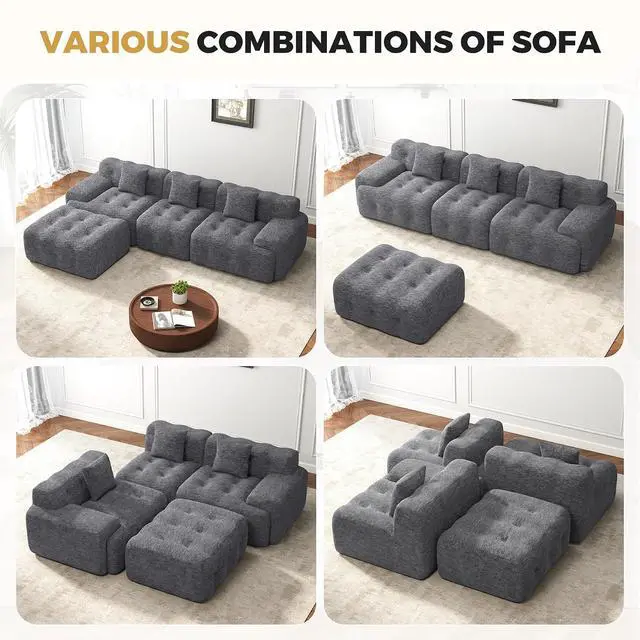 Alt view image 7 of 7 - 113" Modern Boneless Couches for Living Room, L Shaped Cloud Couch Sectional, Chenille Convertible Modular Sofa Set, No Assembly Required, Dark Grey 1 PCS