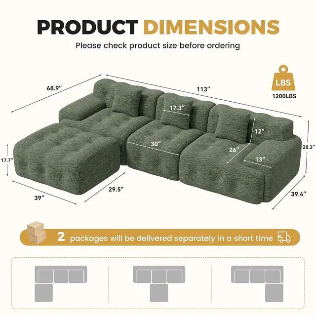 Alt view image 2 of 7 - 113" Modern Boneless Couches for Living Room, L Shaped Cloud Couch Sectional, Chenille Convertible Modular Sofa Set, No Assembly Required, Green 1 PCS