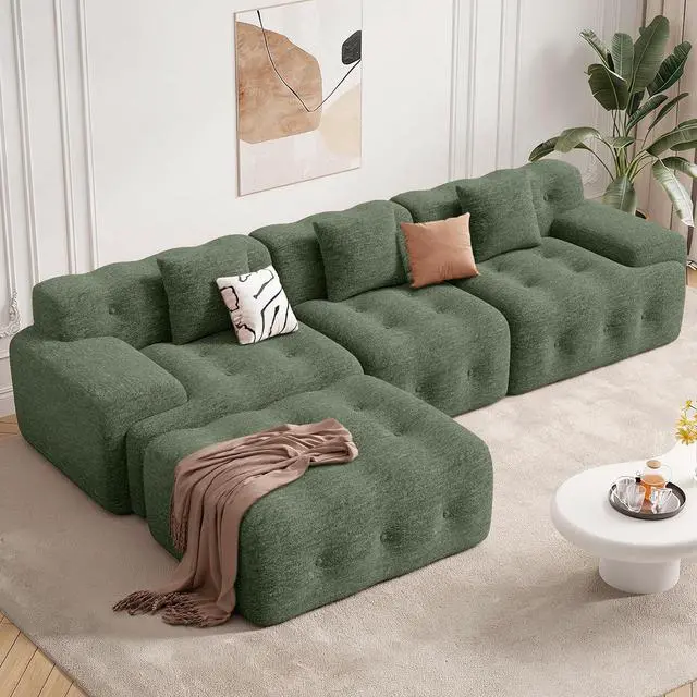 Main image of 113" Modern Boneless Couches for Living Room, L Shaped Cloud Couch Sectional, Chenille Convertible Modular Sofa Set, No Assembly Required, Green 1 PCS