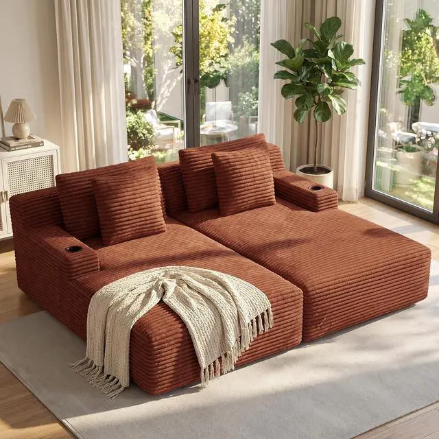 Main image of 80'' Double Chaise Lounge Chair Indoor, Non-Assembly Deep Seat Sofa with Cup Holders Boneless Bed with 4 pcs Pillows for Living Room Bedroom, Reddish Brown-Corduroy