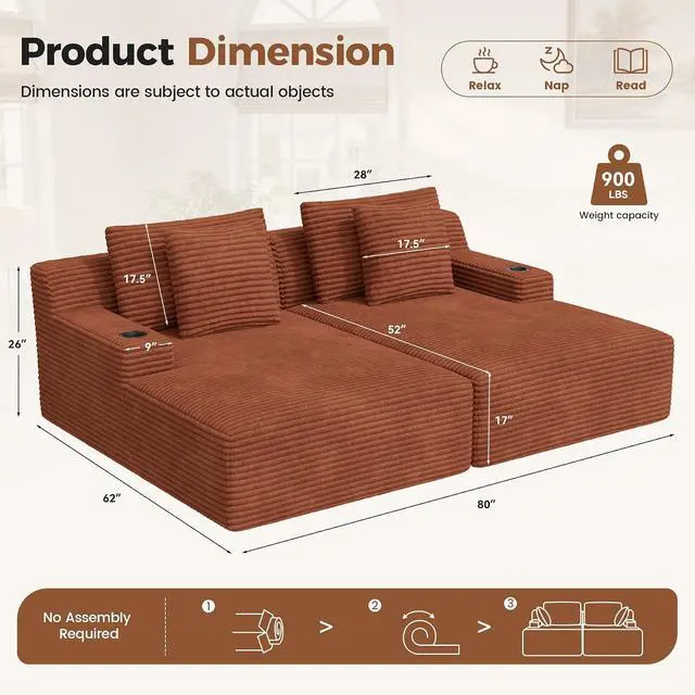 Alt view image 2 of 7 - 80'' Double Chaise Lounge Chair Indoor, Non-Assembly Deep Seat Sofa with Cup Holders Boneless Bed with 4 pcs Pillows for Living Room Bedroom, Reddish Brown-Corduroy