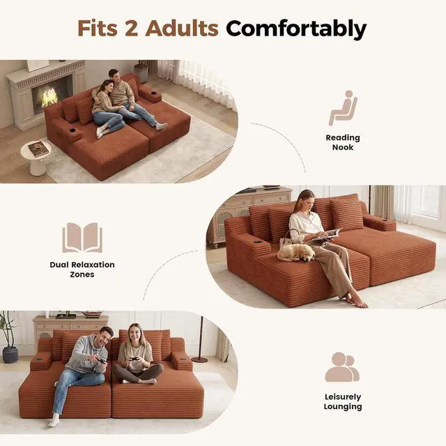 Alt view image 3 of 7 - 80'' Double Chaise Lounge Chair Indoor, Non-Assembly Deep Seat Sofa with Cup Holders Boneless Bed with 4 pcs Pillows for Living Room Bedroom, Reddish Brown-Corduroy