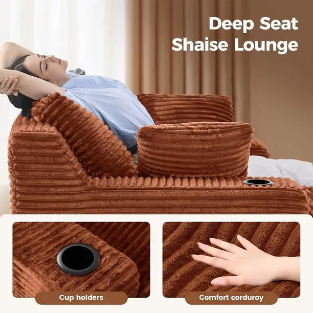 Alt view image 4 of 7 - 80'' Double Chaise Lounge Chair Indoor, Non-Assembly Deep Seat Sofa with Cup Holders Boneless Bed with 4 pcs Pillows for Living Room Bedroom, Reddish Brown-Corduroy