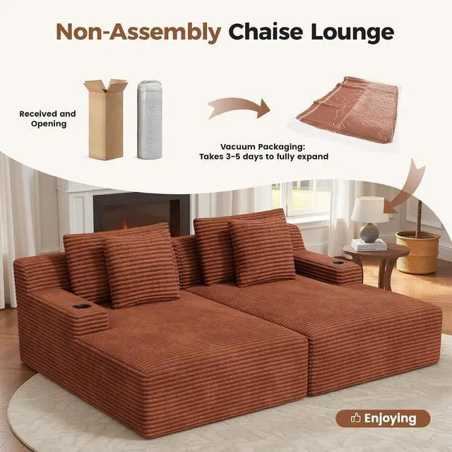Alt view image 5 of 7 - 80'' Double Chaise Lounge Chair Indoor, Non-Assembly Deep Seat Sofa with Cup Holders Boneless Bed with 4 pcs Pillows for Living Room Bedroom, Reddish Brown-Corduroy