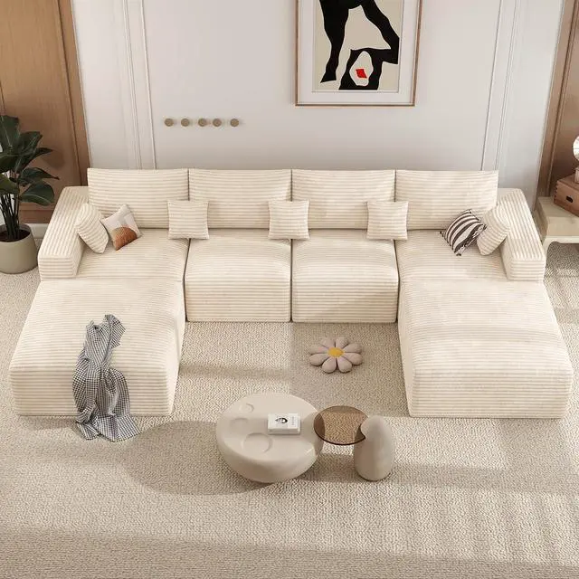 Main image of 146" Modular Sectional Sofa, Convertible U-Shaped Cloud Couches for Living Room with Ottoman, 6 Seater Corduroy Boneless Couch Sofa Set, No Assembly Required, Beige 1 PCS