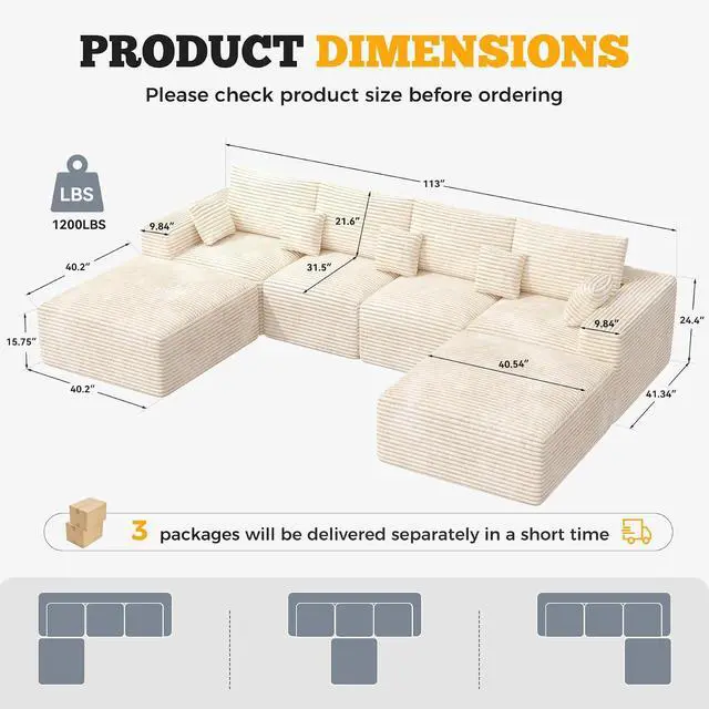 Alt view image 2 of 7 - 146" Modular Sectional Sofa, Convertible U-Shaped Cloud Couches for Living Room with Ottoman, 6 Seater Corduroy Boneless Couch Sofa Set, No Assembly Required, Beige 1 PCS