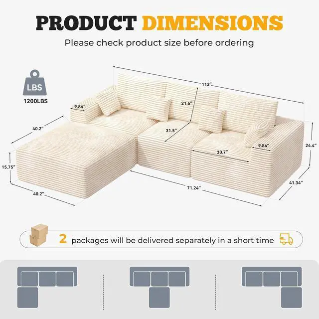 Alt view image 2 of 7 - 113" Modular Sectional Sofa, Convertible L-Shaped Cloud Couches for Living Room with Ottoman, 4 Seater Corduroy Boneless Couch Sofa Set, No Assembly Required, Beige 1 PCS