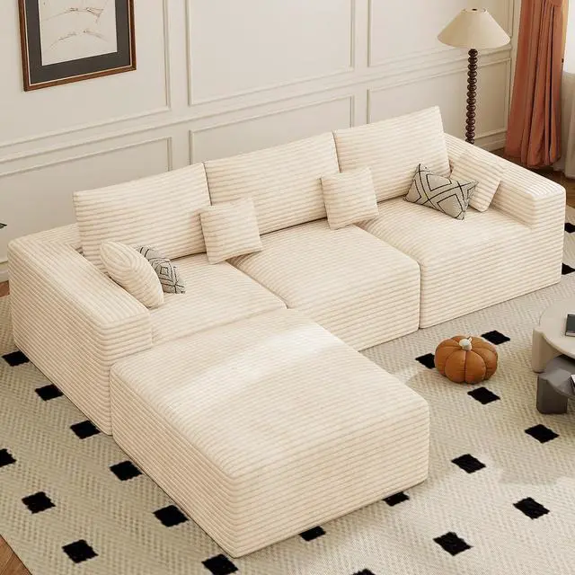 Main image of 113" Modular Sectional Sofa, Convertible L-Shaped Cloud Couches for Living Room with Ottoman, 4 Seater Corduroy Boneless Couch Sofa Set, No Assembly Required, Beige 1 PCS