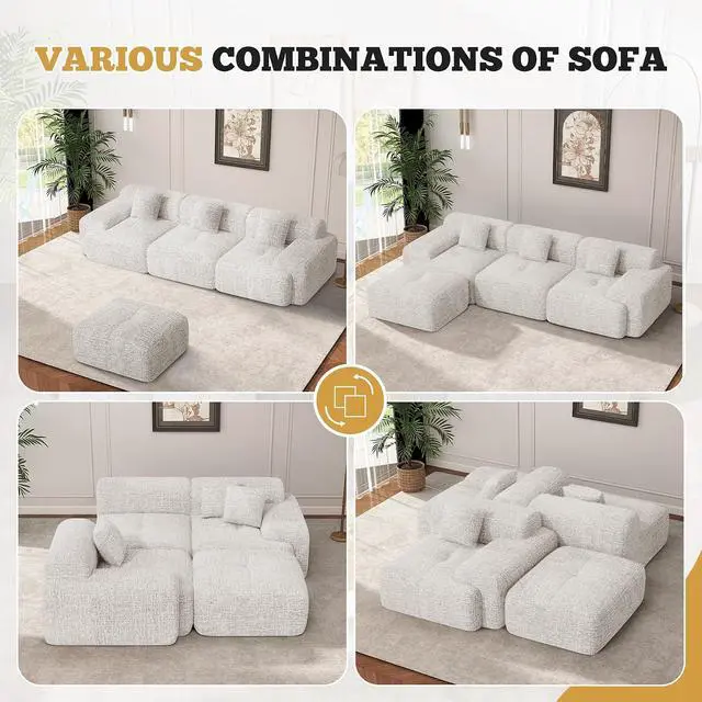 Alt view image 6 of 7 - 122" Modern L Shaped Modular Sectional Sofa, Boneless Couches for Living Room with Ottoman,4 Seater Convertible Chenille Cloud Couch Sofa Set, No Assembly Required, Beige 1 PCS