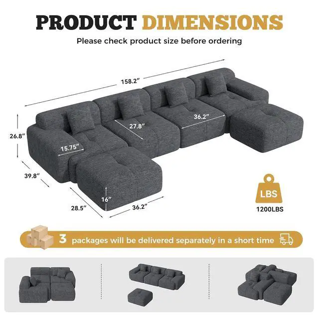 Alt view image 2 of 7 - 158" Modern U Shaped Modular Sectional Sofa, Boneless Couches for Living Room,6 Seater Convertible Chenille Cloud Couch Sofa Set, No Assembly Required, Grey-Black 1 PCS