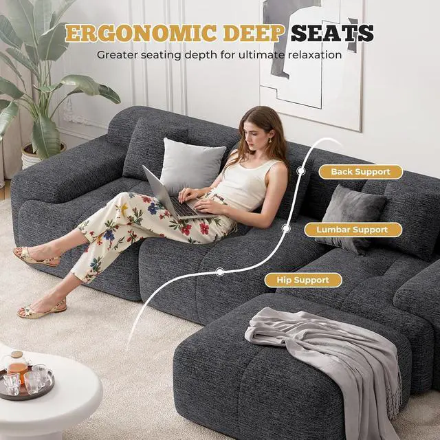 Alt view image 5 of 7 - 158" Modern U Shaped Modular Sectional Sofa, Boneless Couches for Living Room,6 Seater Convertible Chenille Cloud Couch Sofa Set, No Assembly Required, Grey-Black 1 PCS
