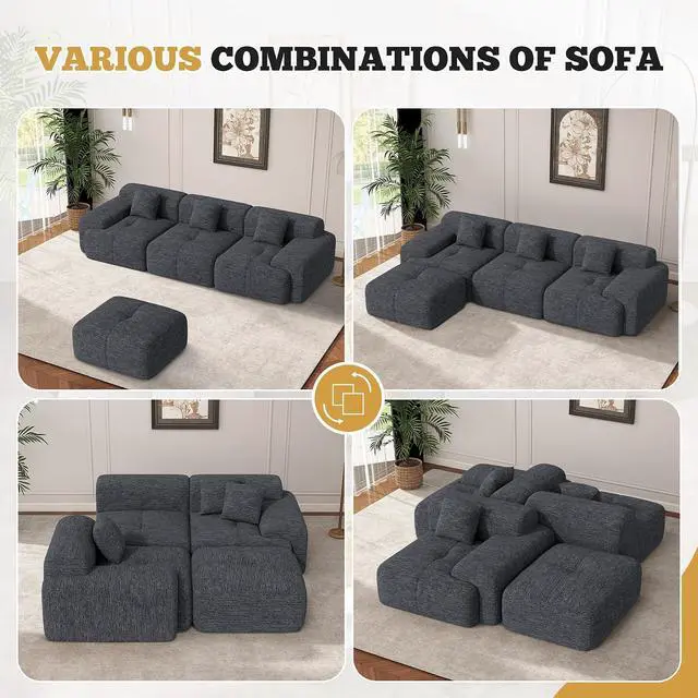 Alt view image 6 of 7 - 158" Modern U Shaped Modular Sectional Sofa, Boneless Couches for Living Room,6 Seater Convertible Chenille Cloud Couch Sofa Set, No Assembly Required, Grey-Black 1 PCS
