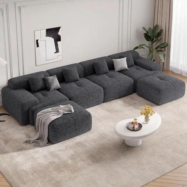 Main image of 158" Modern U Shaped Modular Sectional Sofa, Boneless Couches for Living Room,6 Seater Convertible Chenille Cloud Couch Sofa Set, No Assembly Required, Grey-Black 1 PCS