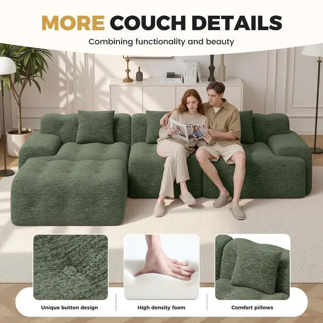 Alt view image 6 of 7 - 143" Modern Boneless Couches for Living Room, U Shaped Cloud Couch Sectional, Chenille Convertible Modular Sofa Set, No Assembly Required, Green 1 PCS