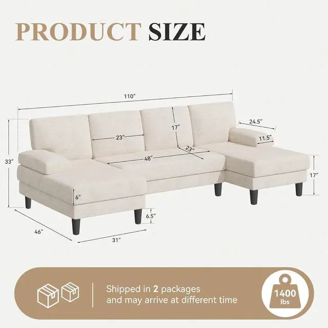 Alt view image 2 of 7 - 110" U-Shaped Sectional Sofa Couch for Living Room,Modern Modular Sofa with Double Chaise,Classic Lounge Couch Sleeper for Apartment, Beige Corduroy