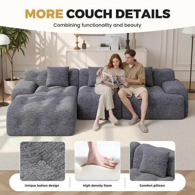 Alt view image 6 of 7 - 113" Modern Boneless Couches for Living Room, L Shaped Cloud Couch Sectional, Chenille Convertible Modular Sofa Set, No Assembly Required, Dark Grey 1 PCS