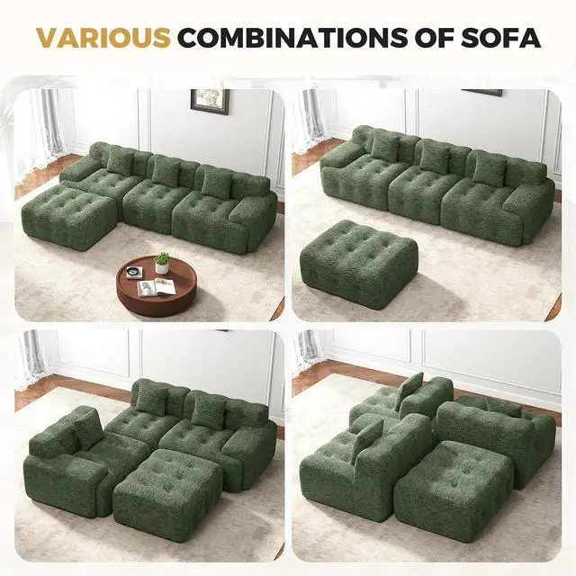 Alt view image 7 of 7 - 113" Modern Boneless Couches for Living Room, L Shaped Cloud Couch Sectional, Chenille Convertible Modular Sofa Set, No Assembly Required, Green 1 PCS