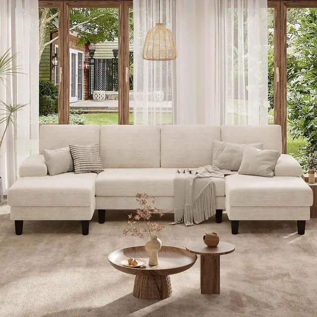 Main image of 110" U-Shaped Sectional Sofa Couch for Living Room,Modern Modular Sofa with Double Chaise,Classic Lounge Couch Sleeper for Apartment, Beige Corduroy