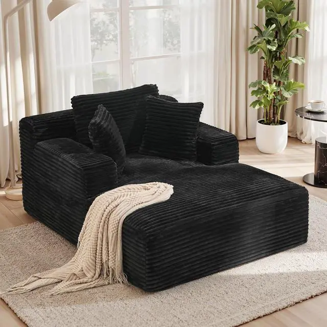 Main image of 51'' Oversized Chaise Lounge Chair Indoor, Non-Assembly Deep Seat Sofa Bed Corduroy Sleeper Cloud Couch with 2pcs Pillows for Reading Living Room-Black