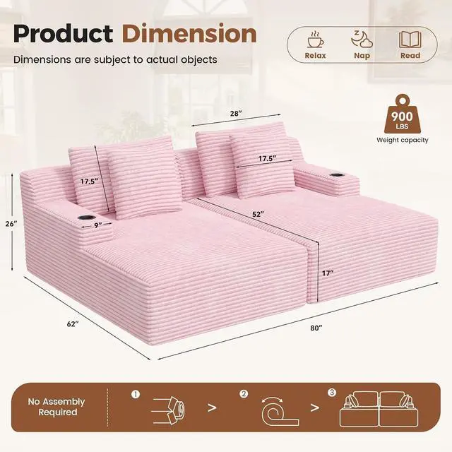 Alt view image 2 of 7 - 80'' Double Chaise Lounge Chair Indoor, Non-Assembly Deep Seat Sofa with Cup Holders Boneless Bed with 4pcs Pillows for Living Room Bedroom, Pink-Corduroy