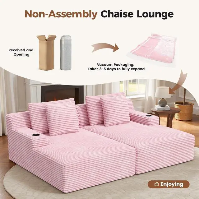 Alt view image 4 of 7 - 80'' Double Chaise Lounge Chair Indoor, Non-Assembly Deep Seat Sofa with Cup Holders Boneless Bed with 4pcs Pillows for Living Room Bedroom, Pink-Corduroy