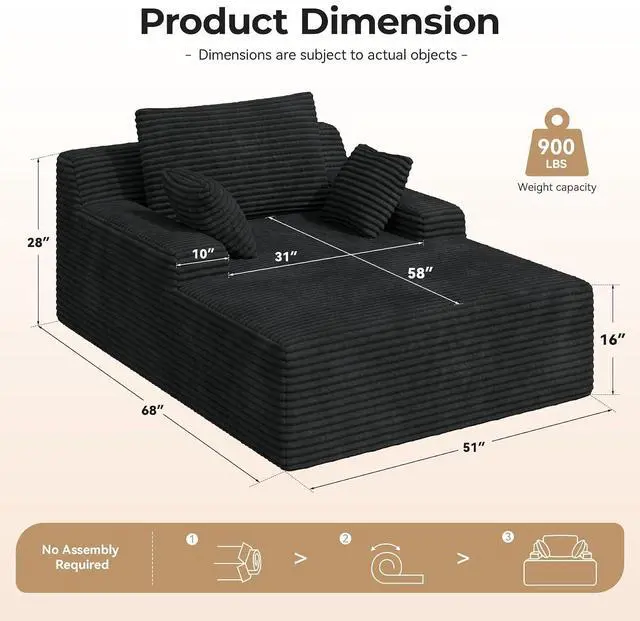 Alt view image 2 of 7 - 51'' Oversized Chaise Lounge Chair Indoor, Non-Assembly Deep Seat Sofa Bed Corduroy Sleeper Cloud Couch with 2pcs Pillows for Reading Living Room-Black