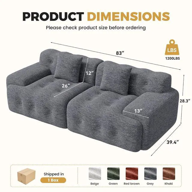 Alt view image 2 of 7 - 83" Boneless Loveseat Sofa in a Box, Modern Small Couch No Assembly Required, Comfy Deep Seat Cloud Couches for Living Room, Bedroom, Apartment, Dark Grey 1 PCS