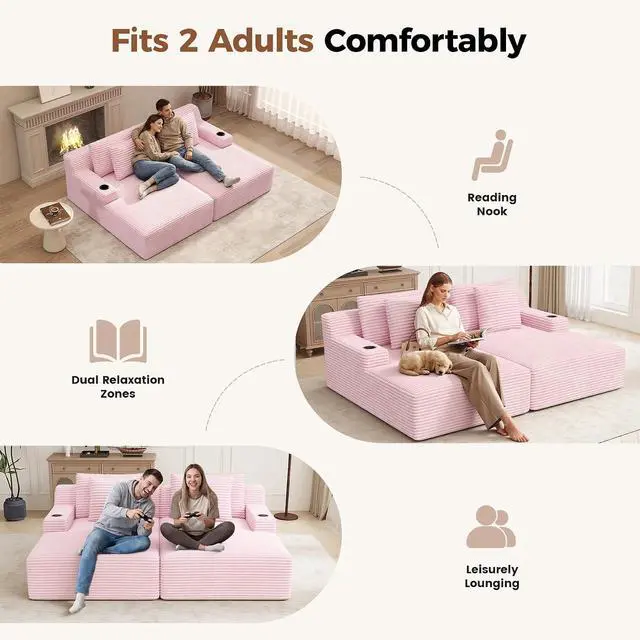 Alt view image 3 of 7 - 80'' Double Chaise Lounge Chair Indoor, Non-Assembly Deep Seat Sofa with Cup Holders Boneless Bed with 4pcs Pillows for Living Room Bedroom, Pink-Corduroy