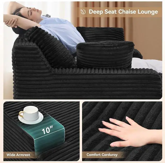 Alt view image 4 of 7 - 51'' Oversized Chaise Lounge Chair Indoor, Non-Assembly Deep Seat Sofa Bed Corduroy Sleeper Cloud Couch with 2pcs Pillows for Reading Living Room-Black
