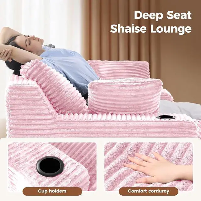 Alt view image 7 of 7 - 80'' Double Chaise Lounge Chair Indoor, Non-Assembly Deep Seat Sofa with Cup Holders Boneless Bed with 4pcs Pillows for Living Room Bedroom, Pink-Corduroy