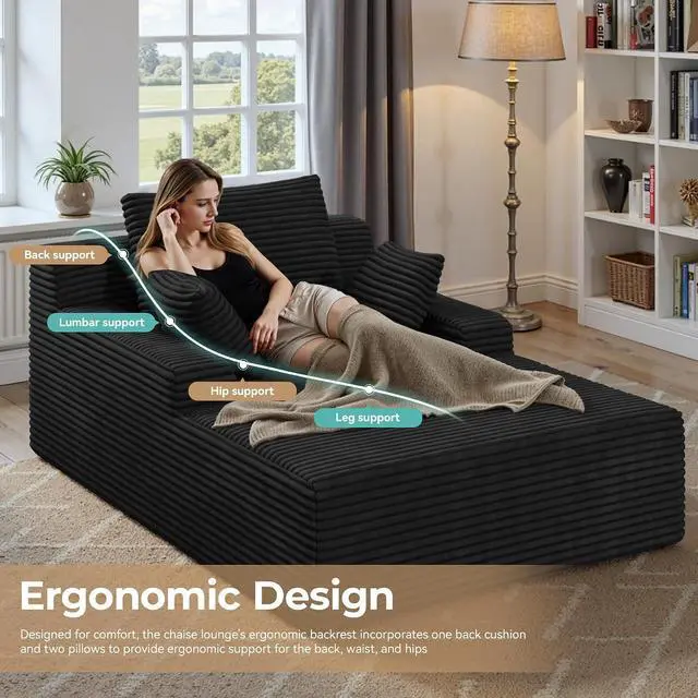 Alt view image 3 of 7 - 51'' Oversized Chaise Lounge Chair Indoor, Non-Assembly Deep Seat Sofa Bed Corduroy Sleeper Cloud Couch with 2pcs Pillows for Reading Living Room-Black