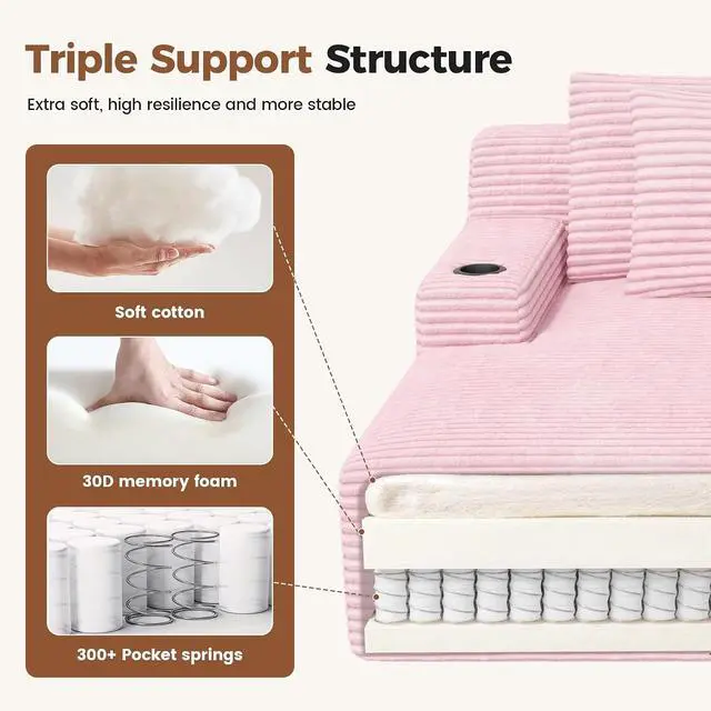 Alt view image 5 of 7 - 80'' Double Chaise Lounge Chair Indoor, Non-Assembly Deep Seat Sofa with Cup Holders Boneless Bed with 4pcs Pillows for Living Room Bedroom, Pink-Corduroy