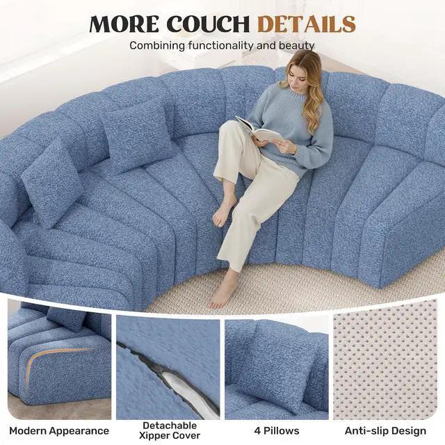 Alt view image 6 of 7 - Oversized Curved Cloud Couch, 8 Seater Modern Round Modular Sectional Sofa, Convertible Boneless Couches for Living Room, No Assembly Required, Light Blue 1 PCS