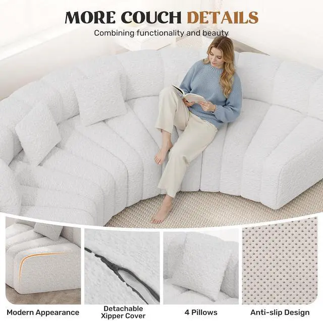 Alt view image 6 of 7 - Oversized Curved Cloud Couch, 8 Seater Modern Round Modular Sectional Sofa, Convertible Boneless Couches for Living Room, No Assembly Required, White 1 PCS