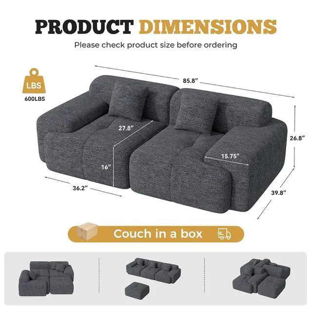 Alt view image 2 of 7 - 85" Cloud Loveseat Sofa in a Box, Modern Small Couch No Assembly Required, Comfy Deep Seat Boneless Couches for Living Room, Bedroom, Apartment, Grey-Black 1 PCS