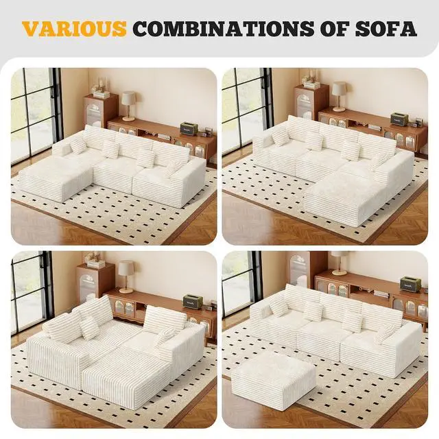 Alt view image 7 of 7 - 113" Modular Sectional Sofa, Convertible L-Shaped Cloud Couches for Living Room with Ottoman, 4 Seater Corduroy Boneless Couch Sofa Set, No Assembly Required, Beige 1 PCS