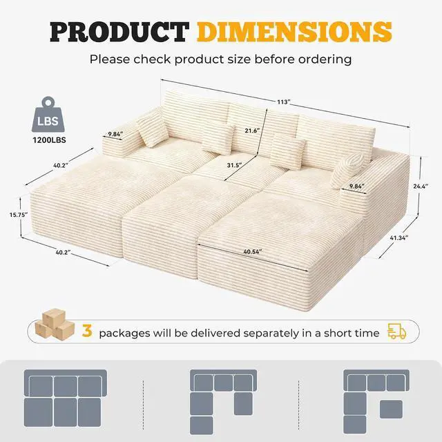 Alt view image 2 of 7 - 113" Modular Sectional Sofa Bed, Convertible Cloud Couches for Living Room with Ottoman, 6 Seater Corduroy Boneless Couch Sleeper Sofa Set, No Assembly Required, Beige 1 PCS
