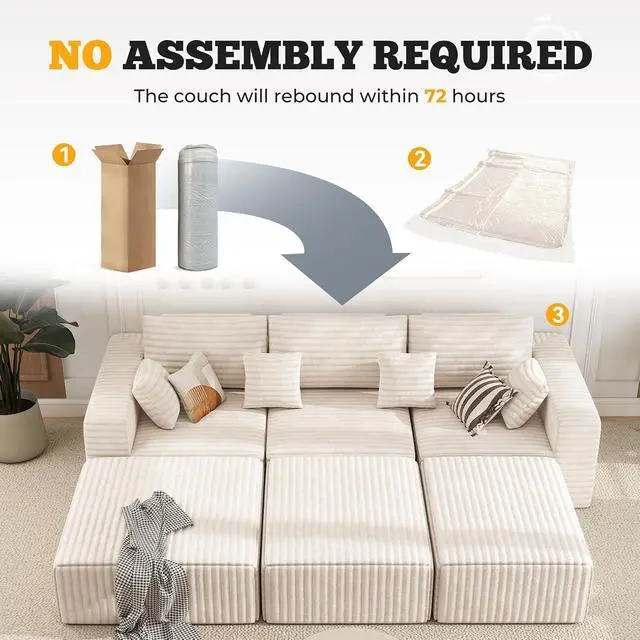 Alt view image 7 of 7 - 113" Modular Sectional Sofa Bed, Convertible Cloud Couches for Living Room with Ottoman, 6 Seater Corduroy Boneless Couch Sleeper Sofa Set, No Assembly Required, Beige 1 PCS