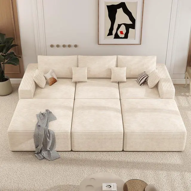 Main image of 113" Modular Sectional Sofa Bed, Convertible Cloud Couches for Living Room with Ottoman, 6 Seater Corduroy Boneless Couch Sleeper Sofa Set, No Assembly Required, Beige 1 PCS