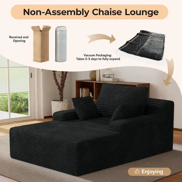 Alt view image 5 of 7 - 51'' Oversized Chaise Lounge Chair Indoor, Non-Assembly Deep Seat Sofa Bed Corduroy Sleeper Cloud Couch with 2pcs Pillows for Reading Living Room-Black