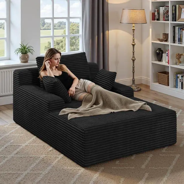 Alt view image 7 of 7 - 51'' Oversized Chaise Lounge Chair Indoor, Non-Assembly Deep Seat Sofa Bed Corduroy Sleeper Cloud Couch with 2pcs Pillows for Reading Living Room-Black