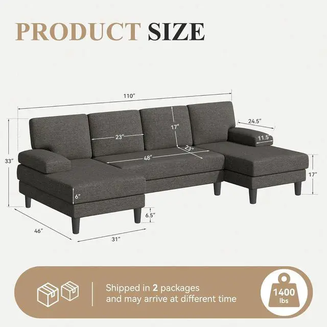 Alt view image 2 of 7 - 110" U-Shaped Sectional Sofa Couch for Living Room,Modern Modular Sofa with Double Chaise,Classic Lounge Couch Sleeper forApartment, Dark Brown Linen