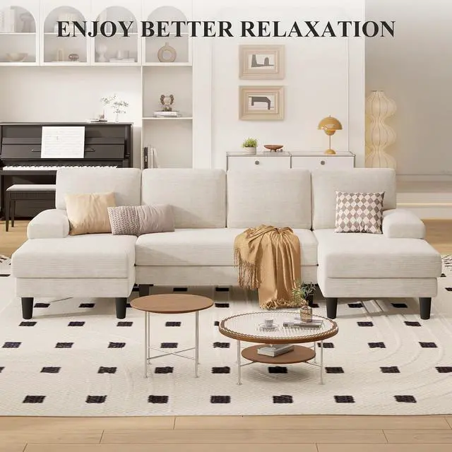 Alt view image 7 of 7 - 110" U-Shaped Sectional Sofa Couch for Living Room,Modern Modular Sofa with Double Chaise,Classic Lounge Couch Sleeper for Apartment, Beige Corduroy
