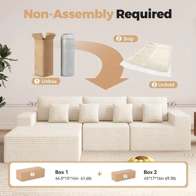 Alt view image 4 of 7 - 111 Modular Sectional Cloud Couches with L Shaped Chaise, Upholstered Deep Seat Boneless Sofa for Living Room, Bedroom, No Assembly Required-Beige