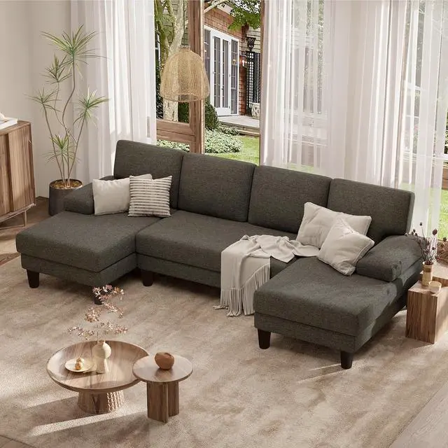 Alt view image 3 of 7 - 110" U-Shaped Sectional Sofa Couch for Living Room,Modern Modular Sofa with Double Chaise,Classic Lounge Couch Sleeper forApartment, Dark Brown Linen