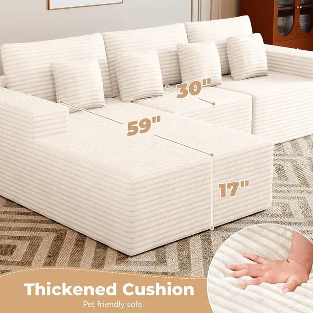 Alt view image 3 of 7 - 111 Modular Sectional Cloud Couches with L Shaped Chaise, Upholstered Deep Seat Boneless Sofa for Living Room, Bedroom, No Assembly Required-Beige