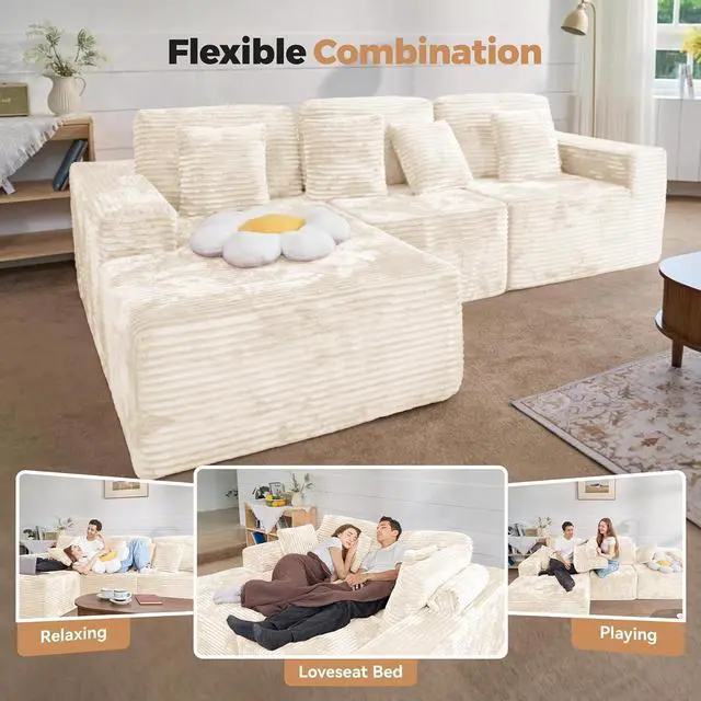 Alt view image 5 of 7 - 111 Modular Sectional Cloud Couches with L Shaped Chaise, Upholstered Deep Seat Boneless Sofa for Living Room, Bedroom, No Assembly Required-Beige