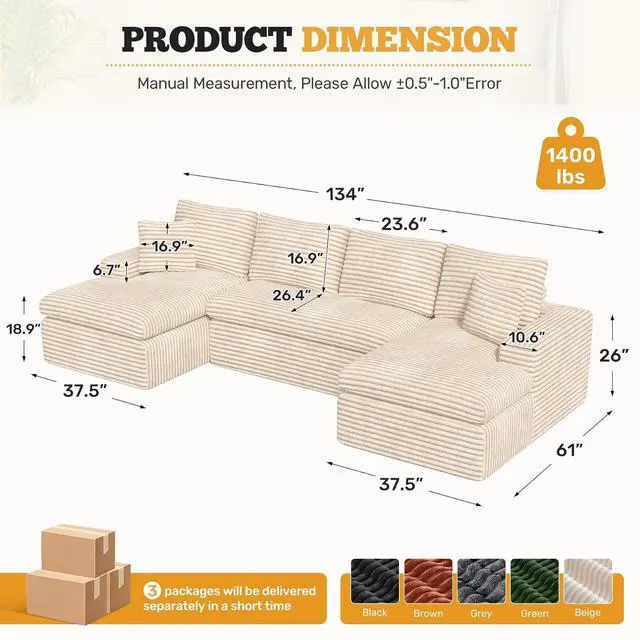 Alt view image 2 of 7 - 134" U Shaped Modular Sectional Sofa, Oversized Boneless Couches for Living Room,No Assembly Required Corduroy Cloud Couch with Chaise Lounge, Beige 1 PCS