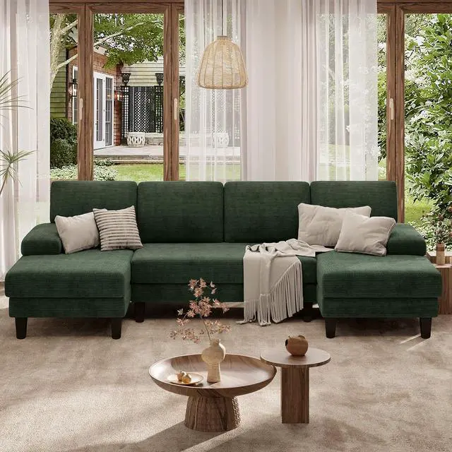 Main image of 110" U-Shaped Sectional Sofa Couch for Living Room,Modern Modular Sofa with Double Chaise,Classic Lounge Couch Sleeper forApartment, Green Corduroy